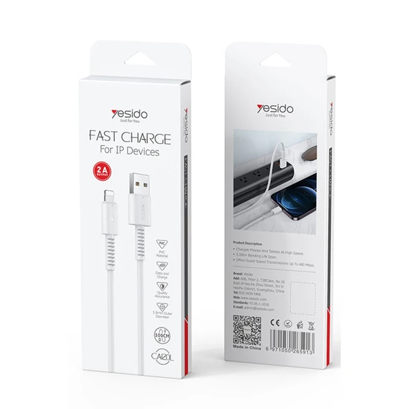 Yesido CA120L USB to Lightning 18W QC Hızlı Şarj Kablosu 1M - Beyaz - 5