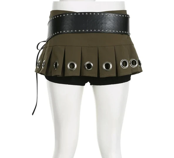 Kendinden Külotlu Mini Etek, Zincir Detaylı Mini Etek, Punk Etek, Gotik Etek, Kemerli Etek - 3