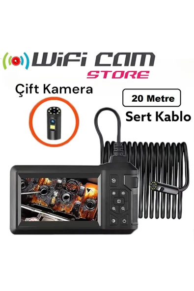 WIWOCAM 20 Metre Çift Kameralı Monitörlü Sert Tel Kablolu Tamirci Kamerası