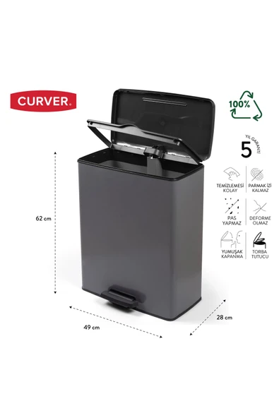 CURVER DecoBin 65L Gri, Yumuşak kapanan, Pedallı, 1. Sınıf Plastik, Çöp Kovası - 4