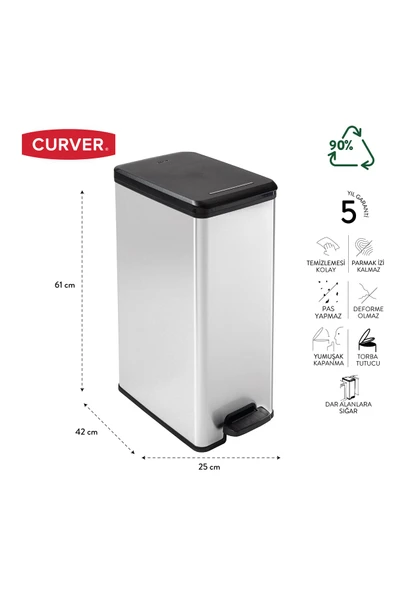 CURVER DecoBin Slim 40L Metal Görünümlü, Yumuşak kapanan, Pedallı, 1. Sınıf Plastik, Çöp Kovası - 5