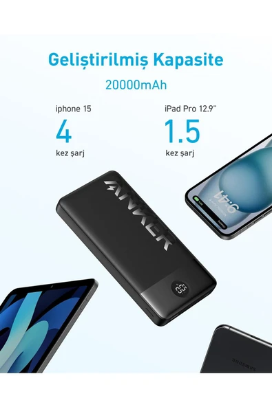 Anker 326 20000 Mah Taşınabilir Hızlı Şarj Cihazı - Usb-c - 15w 2 Çıkışlı Powerbank - Siyah - 4