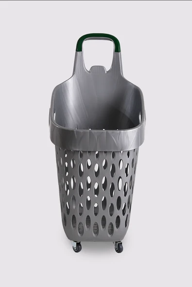 Tekerlekli Market Sepeti (Tekerlekli Alışveriş Sepeti Yeşil Saplı ) 73 L Gri - Resim 4