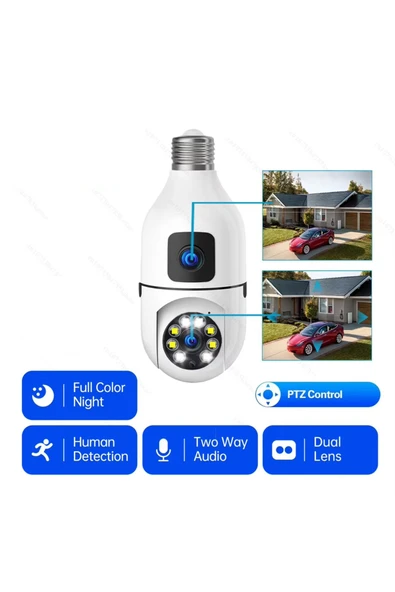 TEKNOMAĞAZAM Çift Lens Ampul Wifi Kamera Gece Görüş İki Yönlü Ses AI İnsan Algılama - 2