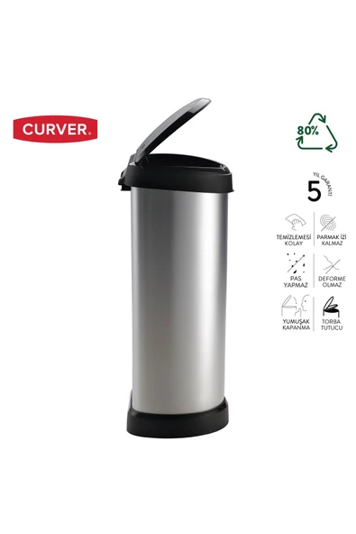 CURVER Decobin Push 40l Metal Görünümlü Çöp Kovası - Dokunmatik, Yumuşak Kapanan, 1. Sınıf Plastik - 5