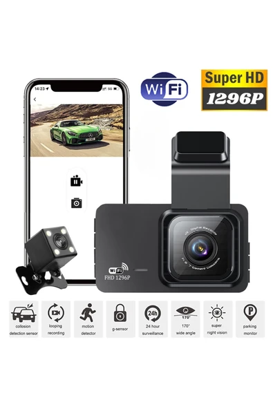 WİFİCAM 2 Kameralı 1296P Dahili Wifi Ekranlı Araç Kamerası Geniş Açı Ve Net Görüntü Kalitesi - 7