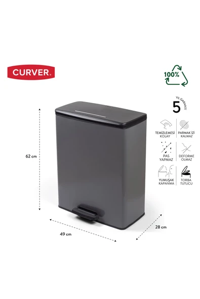 CURVER DecoBin 65L Gri, Yumuşak kapanan, Pedallı, 1. Sınıf Plastik, Çöp Kovası - 3