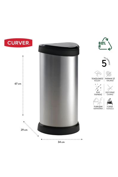 CURVER Decobin Push 40l Metal Görünümlü Çöp Kovası - Dokunmatik, Yumuşak Kapanan, 1. Sınıf Plastik - 6