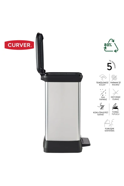 CURVER DecoBin 30L Metal Görünümlü, Yumuşak kapanan, Pedallı, 1. Sınıf Plastik, Çöp Kovası - 4