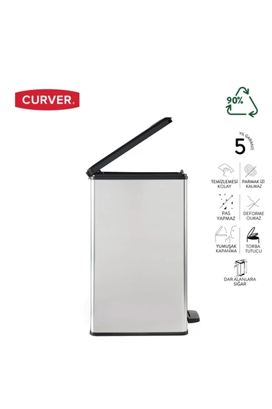 CURVER DecoBin Slim 40L Metal Görünümlü, Yumuşak kapanan, Pedallı, 1. Sınıf Plastik, Çöp Kovası - 3