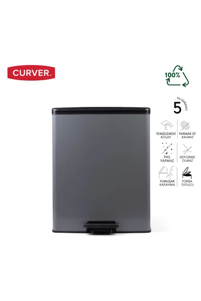 CURVER DecoBin 65L Gri, Yumuşak kapanan, Pedallı, 1. Sınıf Plastik, Çöp Kovası