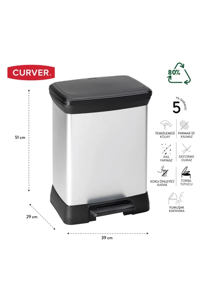 CURVER DecoBin 30L Metal Görünümlü, Yumuşak kapanan, Pedallı, 1. Sınıf Plastik, Çöp Kovası