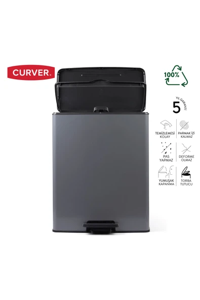 CURVER DecoBin 65L Gri, Yumuşak kapanan, Pedallı, 1. Sınıf Plastik, Çöp Kovası - 2