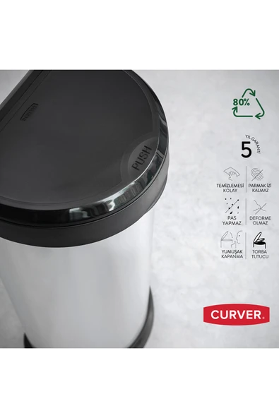 CURVER Decobin Push 40l Metal Görünümlü Çöp Kovası - Dokunmatik, Yumuşak Kapanan, 1. Sınıf Plastik - 3