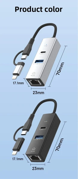 3 Portlu Ağ ve Veri Adaptörü: RJ45 LAN + USB 3.0 + Type-C Girişli | Metal Kasa - 4