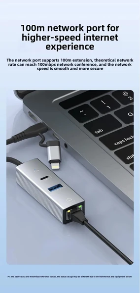 3 Portlu Ağ ve Veri Adaptörü: RJ45 LAN + USB 3.0 + Type-C Girişli | Metal Kasa - 5