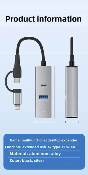 3 Portlu Ağ ve Veri Adaptörü: RJ45 LAN + USB 3.0 + Type-C Girişli | Metal Kasa - 2