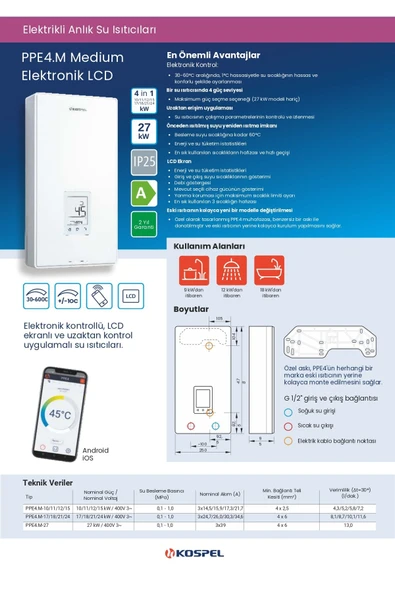 KOSPEL PPE4-M Wifi Kontrollü Elektronik Trifaze Ani Su Isıtıcı - 3
