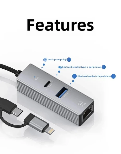 3 Portlu Ağ ve Veri Adaptörü: RJ45 LAN + USB 3.0 + Type-C Girişli | Metal Kasa - 3