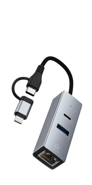 3 Portlu Ağ ve Veri Adaptörü: RJ45 LAN + USB 3.0 + Type-C Girişli | Metal Kasa