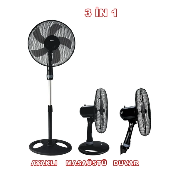 RAKS 16inç / 40cm 55w 3 ü 1 Arada Ayaklı - Duvar ve Masa Tipi Vantilatör 3 Kademe 220v