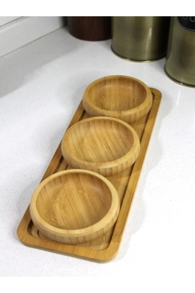 3 Lü Altlıklı Bambu Ağacından Bambu - Çerezlik - Sosluk- Lokumluk - Reçellik - Kahvaltılık