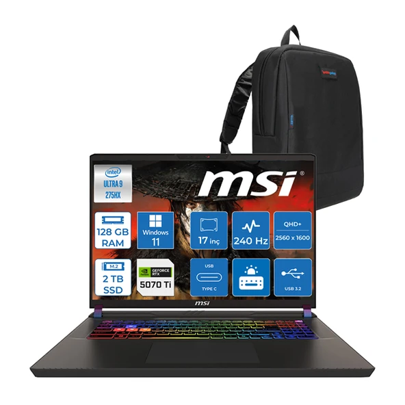 Msı Vector 17 Hx Aı Intel Core Ultra 9-275HX 32GB Ddr5 2tb SSD 12GB/RTX5070TI/140W 17” Qhd+ (2560X1600) 240Hz Windows 11 Pro Taşınabilir Bilgisayar A2XWHGP11 + Zettaçanta ürün görseli 1