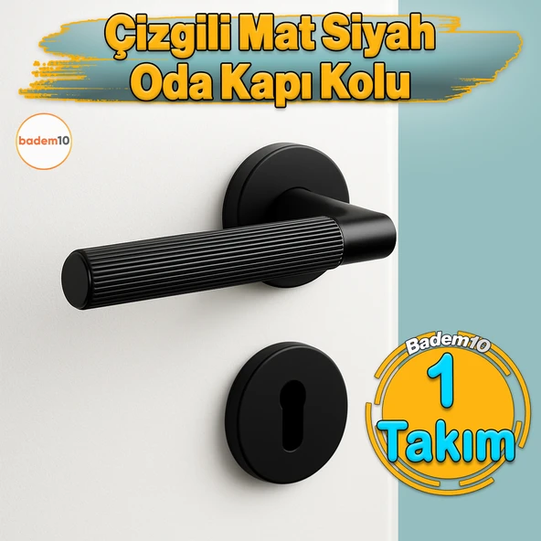 Çizgili Mat Siyah Oda Tipi Kapı Kolu Rozetli Sağ Sol Uygun Modern İç Kapı Kilitli 1 Takım ürün görseli