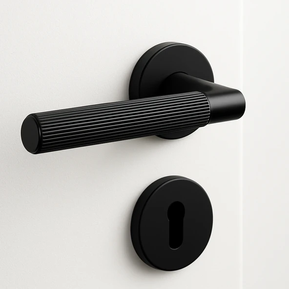 Çizgili Mat Siyah Oda Tipi Kapı Kolu Rozetli Sağ Sol Uygun Modern İç Kapı Kilitli 1 Takım - Resim 2