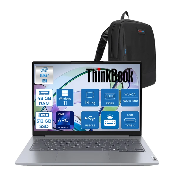 Lenovo Thinkbook 14 G7 Iml Intel Ultra 7 155H 48GB Ddr5 512GB SSD Intel® Aı Boost 14" Wuxga 300NITS IPS Windows 11 Home Taşınabilir Bilgisayar 21MR0050TRH22 + Zetta Çanta ürün görseli