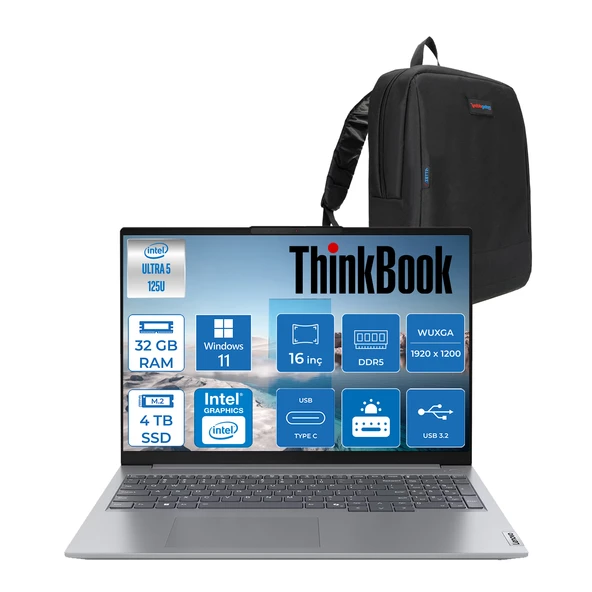 Lenovo Thinkbook 16 G7 Iml Intel Ultra 5 125U 32GB Ddr5 4tb SSD Intel® Aı Boost 16" Wuxga 300NITS IPS Windows 11 Home Taşınabilir Bilgisayar 21MS005KTRH15 + Zetta Çanta ürün görseli