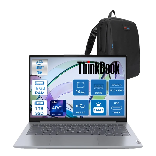 Lenovo Thinkbook 14 G7 Iml Intel Ultra 7 155H 16GB Ddr5 1tb SSD Intel® Aı Boost 14" Wuxga 300NITS IPS Freedos Taşınabilir Bilgisayar 21MR0050TRF03 + Zetta Çanta ürün görseli