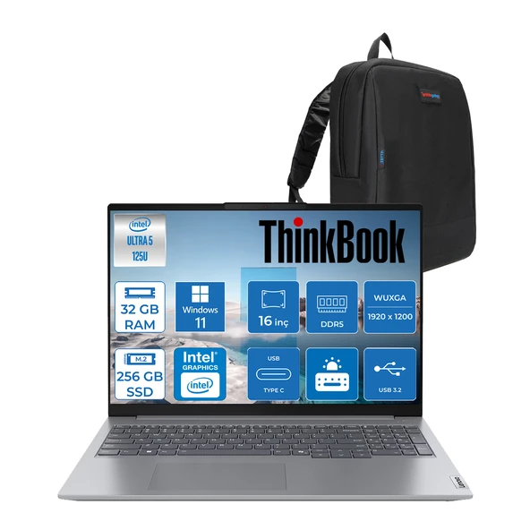 Lenovo Thinkbook 16 G7 Iml Intel Ultra 5 125U 32GB Ddr5 256GB SSD Intel® Aı Boost 16" Wuxga 300NITS IPS Windows 11 Pro Taşınabilir Bilgisayar 21MS005KTRP11 + Zetta Çanta ürün görseli