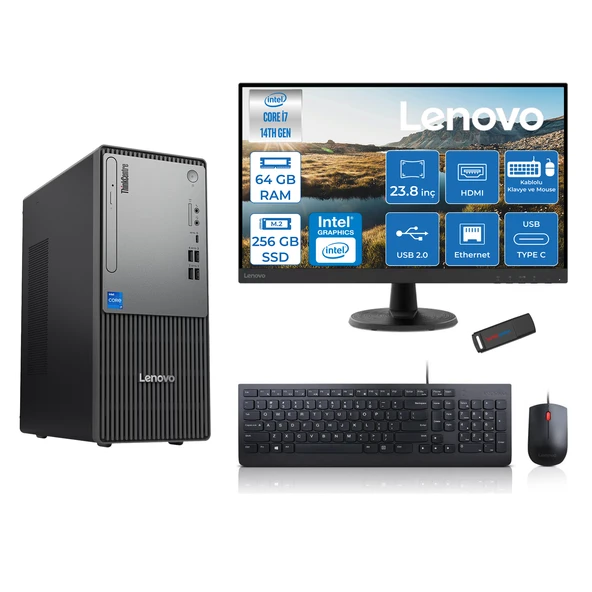 Lenovo Thinkcentre Neo 50T Gen5 Intel Core I7 14700 64GB Ddr5 256GB SSD 23.8 Inç Monitör Freedos Intel UHD 770 Masaüstü Bilgisayar 2412UAS0GL00F21 + Zetta Flash Bellek ürün görseli