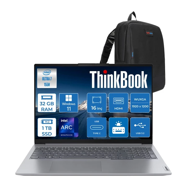 Lenovo Thinkbook 16 G7 Iml Intel Ultra 7 155H 32GB Ddr5 1tb SSD Intel® Aı Boost 16" Wuxga 300NITS IPS Windows 11 Pro Taşınabilir Bilgisayar 21MS008RTRP13 + Zetta Çanta