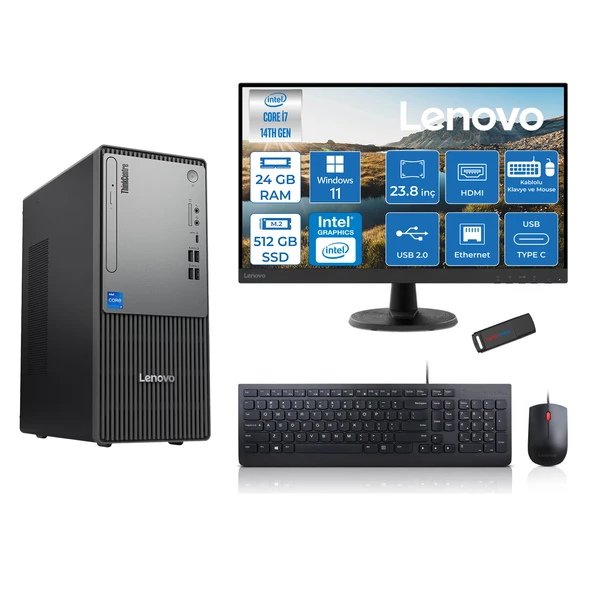 Lenovo Thinkcentre Neo 50T Gen5 Intel Core I7 14700 24GB Ddr5 512GB SSD 23.8 Inç Monitör Windows 11 Pro Intel UHD 770 Masaüstü Bilgisayar 2412UAS0GL00P07 + Zetta Flash Bellek ürün görseli
