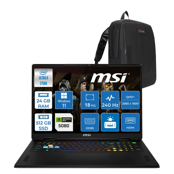 Msı Vector 18 Hx Aı A2XWIG Intel Core Ultra 9 275HX 24GB Ddr5 512GB SSD Windows 11 Home 175W RTX5080 12GB 18 Inç 2K(2560×1600) Qhd+ 240Hz Taşınabilir Bilgisayar 666XTRH09 + Zetta Çanta