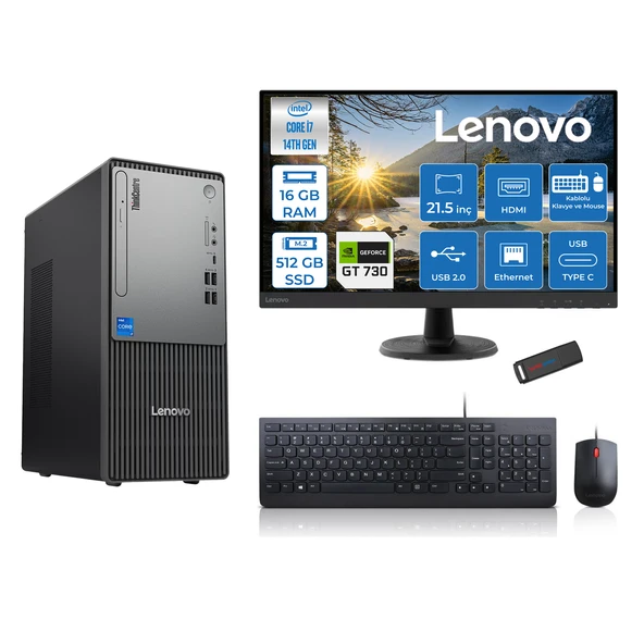 Lenovo Thinkcentre Neo 50T Gen5 Intel Core I7 14700 16GB Ddr5 512GB SSD 21.5 Inç Monitör Freedos Nvidia GT730 4gb Masaüstü Bilgisayar 7302112UAS0GL00F02 + Zetta Flash Bellek ürün görseli