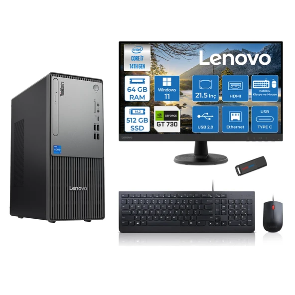 Lenovo Thinkcentre Neo 50T Gen5 Intel Core I7 14700 64GB Ddr5 512GB SSD 21.5 Inç Monitör Windows 11 Home Nvidia GT730 4gb Masaüstü Bilgisayar 7302112UAS0GL00H22 + Zetta Flash Bellek ürün görseli