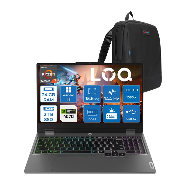 Lenovo Loq 15ARP9 Amd Ryzen 7 7435HS 24GB Ddr5 2tb SSD Windows 11 Home 4070 8gb 115W 15.6" Fhd (1920X1080) IPS 300NITS 144Hz Gaming Laptop 83JC00FGTRH11 + Zetta Çanta