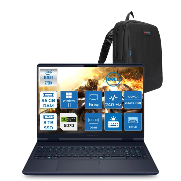 Dell Alienware 16X Aurora Intel Core Ultra 9 275HX 96GB Ddr5 8tb SSD Windows 11 Pro 8gb RTX5070 16 Inç 2K(2560×1600) Wqxga 240Hz 3ms Wva Taşınabilir Bilgisayar AC16251CU932157WP56 + Zetta Çanta ürün görseli 1