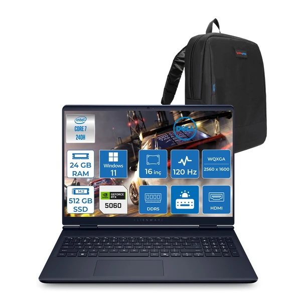 Dell Alienware 16 Aurora Intel Core Ultra 7 240H 24GB Ddr5 512GB SSD Windows 11 Home 8gb RTX5060 16 Inç 2K(2560×1600) Wqxga 120Hz Wva Taşınabilir Bilgisayar AC16250C716156WH09 + Zetta Çanta ürün görseli 1