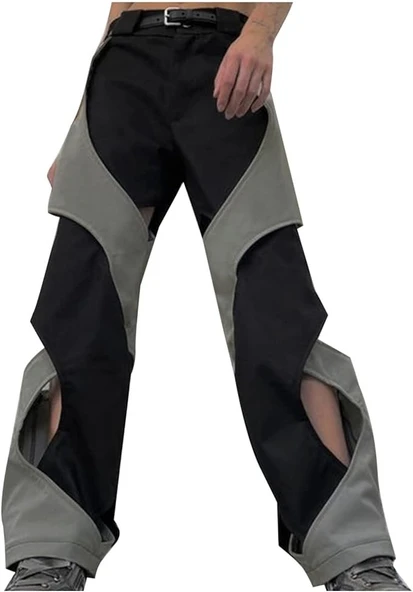 Unisex Pantolon, Patchwork Kargo Pantolon Kadın Hollow Out Eşofman Altı, Rahat Bol Trend Jogger, Geniş Paça Yüksek Bel Pantolon, Sokak Giyimi