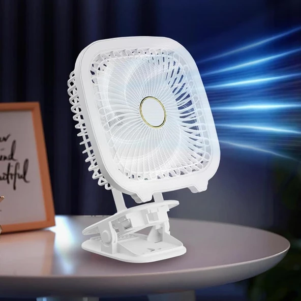The Wlue Şarjlı Taşınabilir Vantilatör Masaüstü LED Işıklı Fan / 3 Hız Kademeli/Standlı ve Klipsli ürün görseli 1