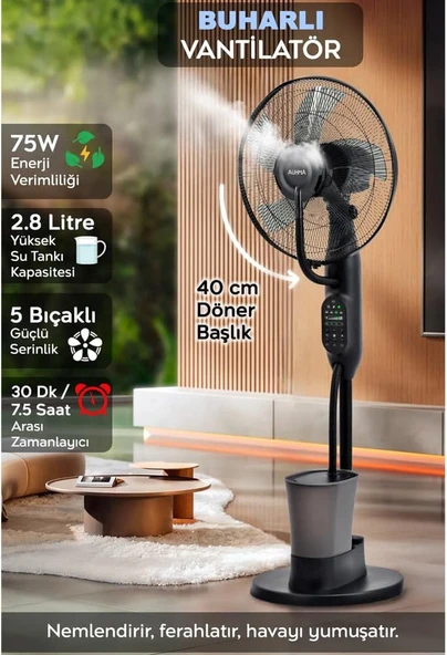 The Wlue Uzaktan Kumandalı Buzlu Vantilatör Buharlı 2.8 Litre Nemlendirici Fan Zaman Ayarlı Ultra Sessiz Tekerlekli - 5