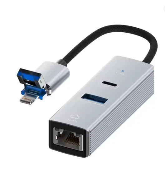 USB + Lightning Girişli LAN Adaptör | USB 3.0 Çoklayıcı + Type-C OTG