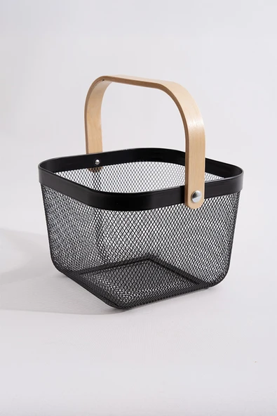 Ahşap Saplı Çok Amaçlı Metal Düzenleme Saklama Depolama Sepeti Siyah ürün görseli 1