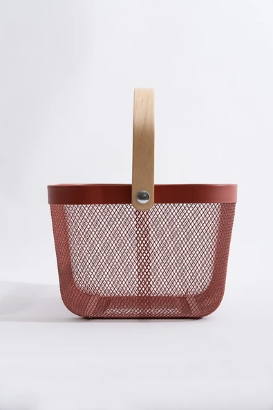 Ahşap Saplı Çok Amaçlı Metal Düzenleme Saklama Depolama Sepeti Bordo - Resim 4