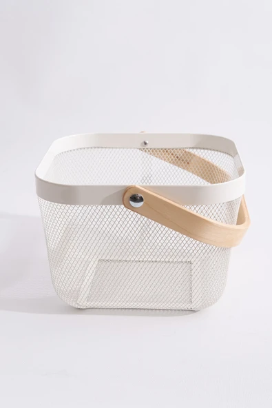 Ahşap Saplı Çok Amaçlı Metal Düzenleme Saklama Depolama Sepeti Beyaz - Resim 3