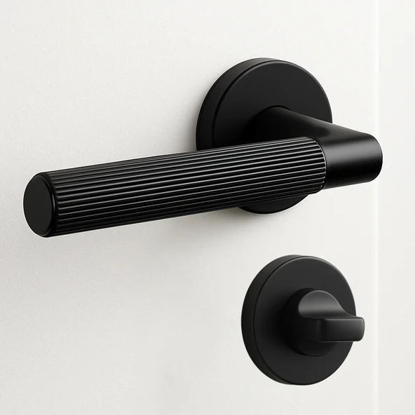 Çizgili Mat Siyah Wc Banyo Tipi Kapı Kolu Rozetli Sağ Sol Uygun Modern İç Kapı Kilitli 1 Takım - Resim 2